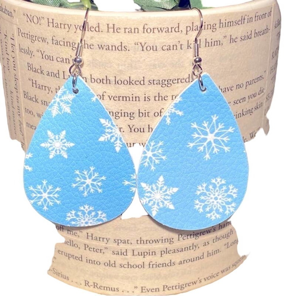 5/$25 Pastel Blue Snowflake Leather Earrings Christmas Stocking Stuffer Hanukkah